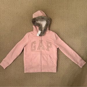 Gap Kids Pink Embroidered Logo Fleece hoodie fur trim Girls size XXL (14-16)